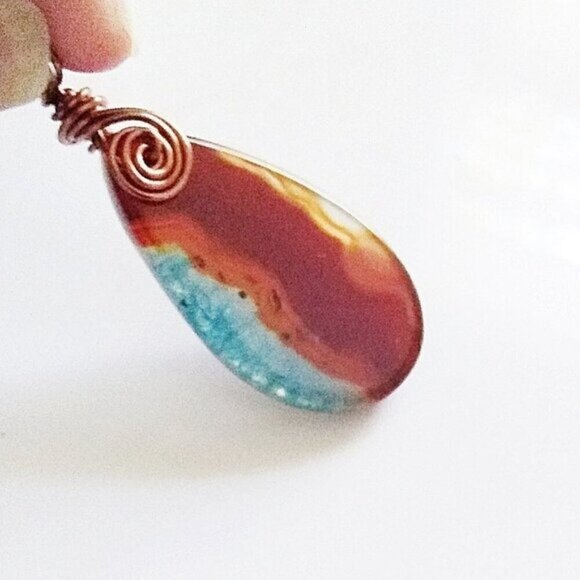 Blue Brown Russet Agate Pendant w. Crystalline Section - Boho SouthWestern Vibe - Picture 1 of 7